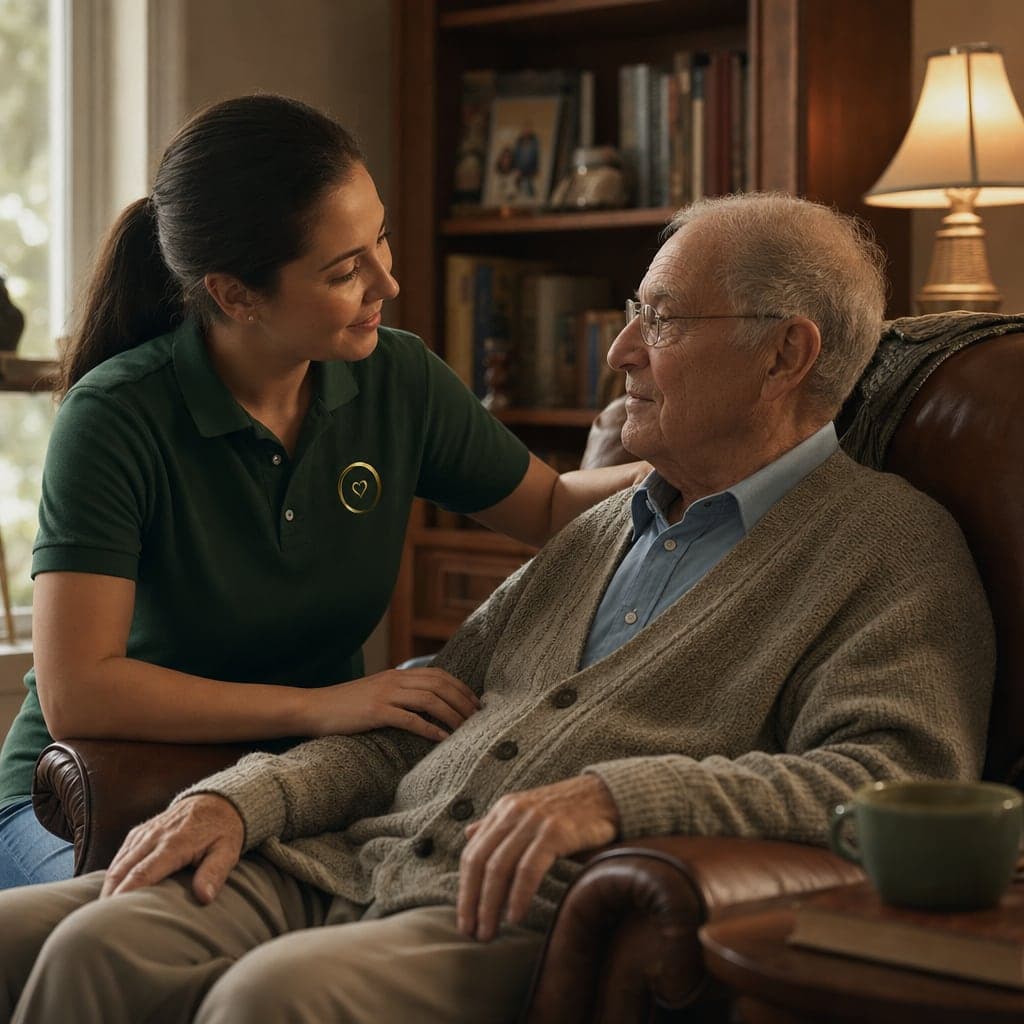 A caregiver sitting close with an elderly client, sharing a quiet moment in a sunlit living room