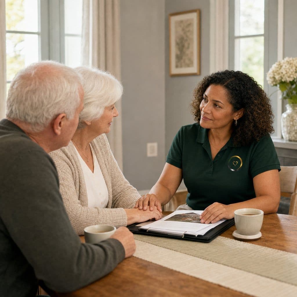 A care coordinator reviewing a care plan with an elderly couple