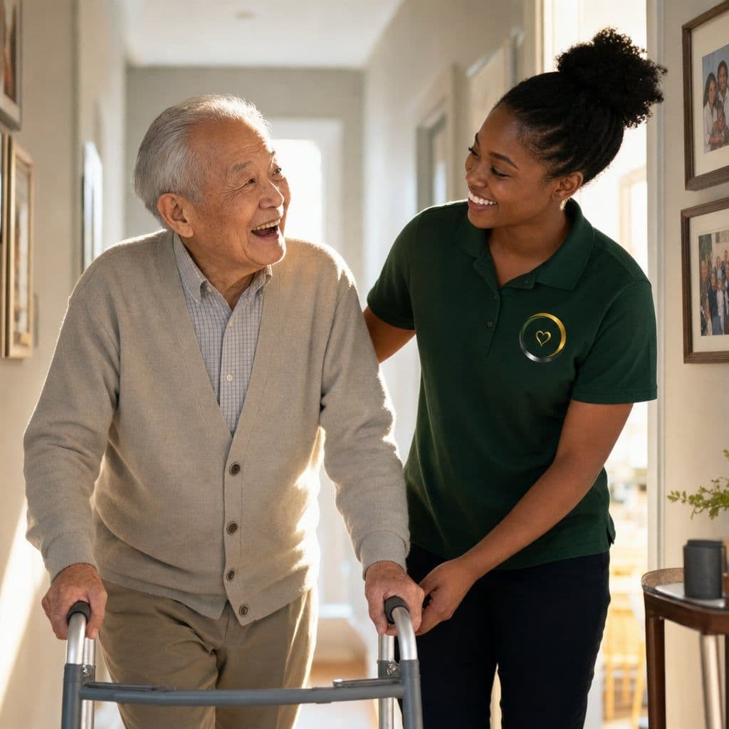 A caregiver helping a smiling senior man walk down a hallway using a walker